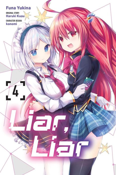 Text: "Funa Yukina", "Original Story: Haruki Kuou", "Character Design: konomi", "[4] Liar, Liar". Illustration zweier Mädchen in Schuluniformen.