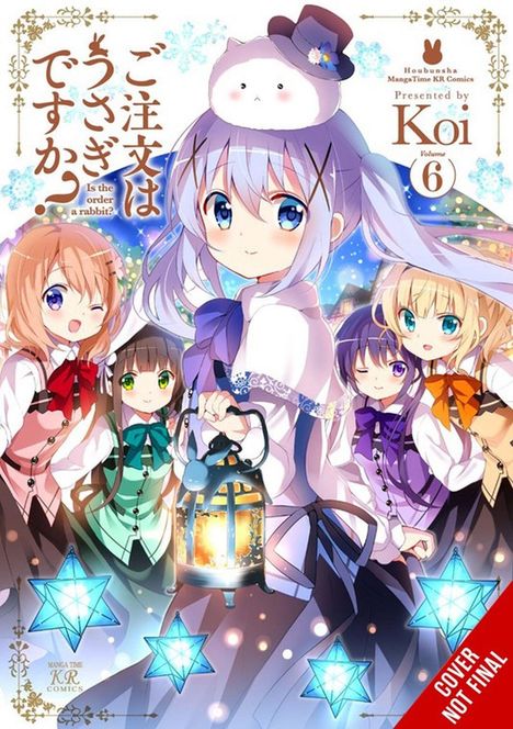 Text: "Is the order a rabbit?", "Presented by Koi". Illustration von fünf Mädchen in farbenfroher Kleidung mit Laternen.