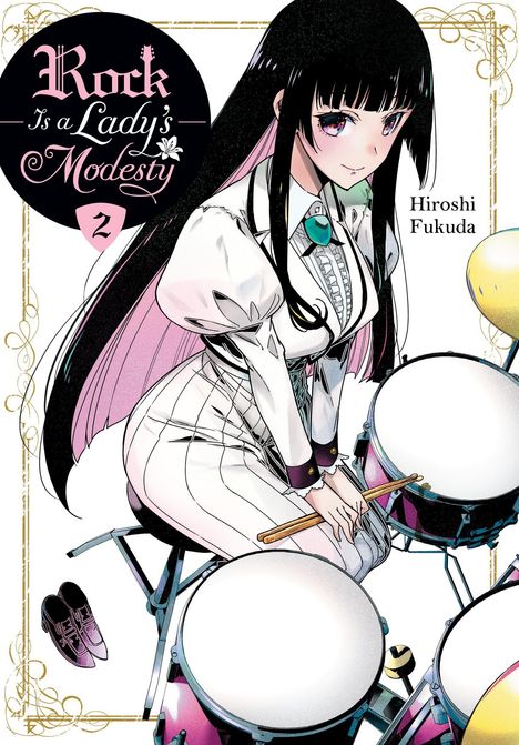 "Rock is a Lady's Modesty", Hiroshi Fukuda. Eine stilvolle Frau mit langen schwarzen Haaren sitzt an einem Schlagzeug.