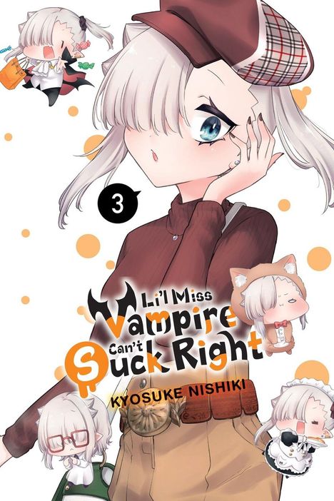 Text: "Lil' Miss Vampire Can't Suck Right", "KYOSUKE NISHIKI", "3". Manga-Stil, Mädchen mit weißem Haar, Mütze.