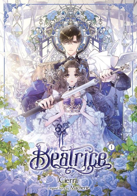 "Beatrice, Cierra, Original Story by Macherie." Illustration: Ein Mann und eine Frau in eleganter Kleidung umgeben von blauen Rosen.