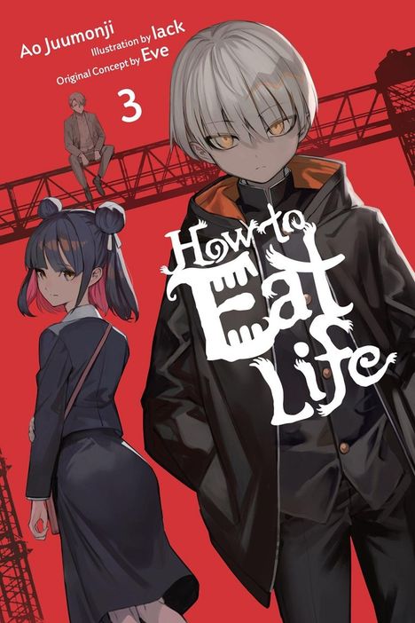 "How to Eat Life" in fantasievoller Schrift, zwei Anime-Charaktere, roter Hintergrund, ein Mädchen und ein Junge.