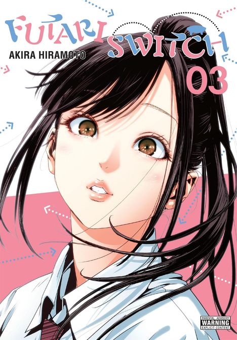 "Futari Switch 03" steht oben rechts. Darunter ein Charakter mit langen, dunklen Haaren, der überrascht wirkt.