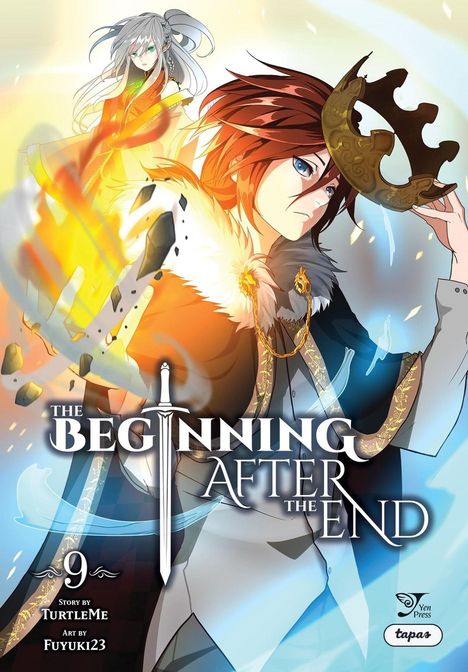 „The Beginning After The End“, Band 9, zeigt zwei fantasievolle Charaktere in dynamischen Posen mit einer Krone.