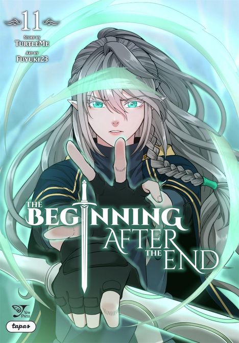 Text: "11", "Story by TurtleMe", "Art by FUYUKI123", "The Beginning After The End". Illustration: Elfenfigur mit leuchtenden Augen.