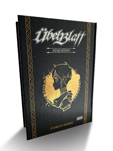 "Lübbblätt DELUXE EDITION V, ETOROUJI SHIONO." Schwarzes Buch mit goldener Profil-Silhouette und kunstvollen Rändern.