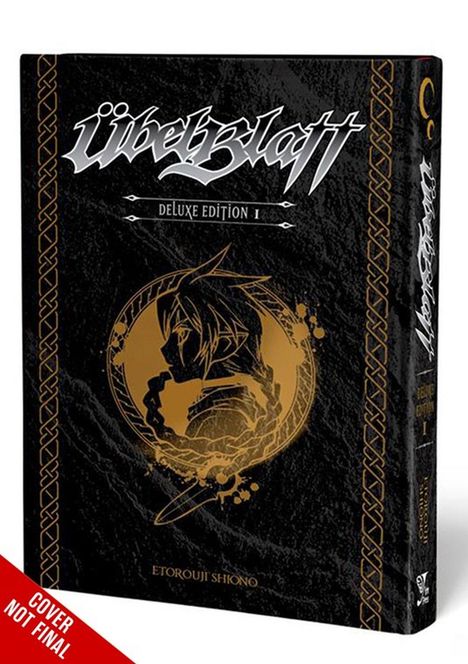 „Übel Blatt Deluxe Edition 1“ oben und „Etorouji Shiono“ unten. Illustration eines Kriegers im Profil.