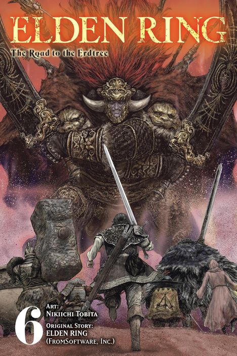"ELDEN RING: The Road to the Erdtree." Illustration eines großen gepanzerten Kriegers mit roten Haaren und mehreren kleineren Figuren.