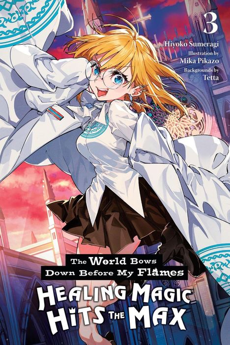 "HEALING MAGIC HITS THE MAX" in großen Buchstaben. Eine fröhliche Figur mit Brille und blondem Haar in einem dynamischen Pose.