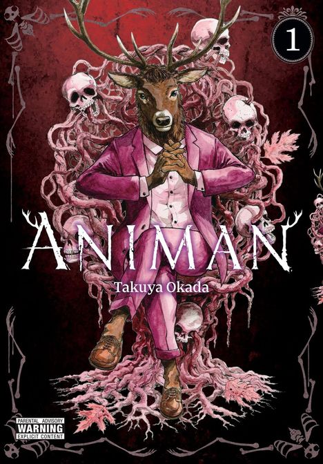 "ANIMAN", Takuya Okada, Parental Advisory. Ein Hirsch im Anzug mit Schädeln und Wurzeln, rötlich-dunkler Hintergrund.