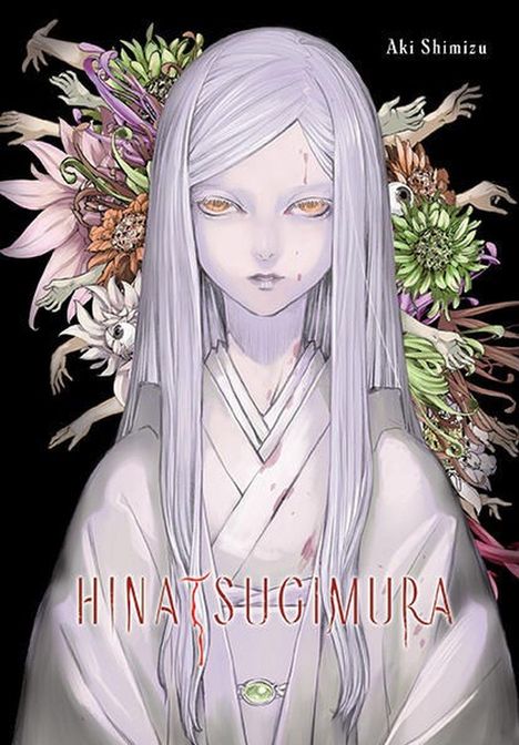 "HINATSUGIMURA" steht in stilisiertem Text. Illustration: Blasses, androgynes Wesen mit langen, weißen Haaren, umgeben von Blumen.
