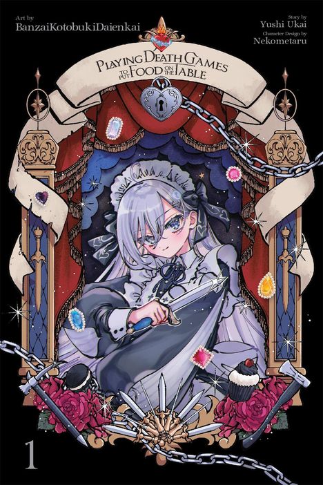 „Playing Death Games to Put Food on the Table“ steht oben. Eine Figur im Anime-Stil hält ein Messer, umrahmt von Schmuck.