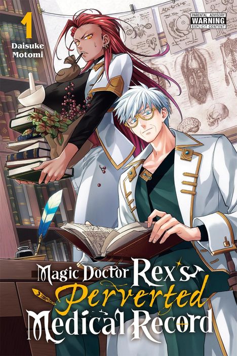Titel: Magic Doctor Rex's Perverted Medical Record, Band 1. Zwei Figuren in Arztmänteln, eine mit roten Haaren, die Bücher hält.