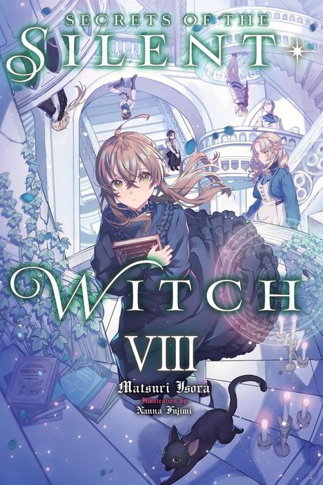 "Secrets of the Silent Witch VIII". Eine Illustration zeigt eine junge Frau mit Buch in einer magischen Bibliothekumgebung.