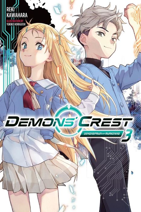Texte: "REKI KAWAHARA", "ILLUSTRATION BY YUKIKO HORIGUCHI", "DEMONS' CREST", "DEMONSPAWN AWAKENING 3". 
Zwei junge Figuren in Schuluniform.