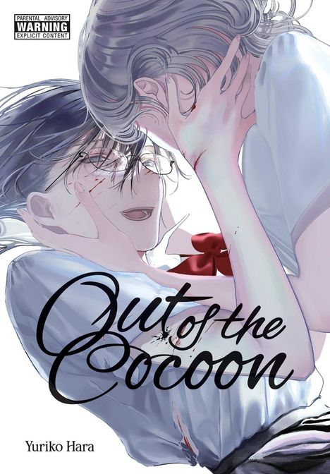 „Parental Advisory Warning: Explicit Content. Out of the Cocoon – Yuriko Hara“ Zwei Personen umarmen sich intensiv.