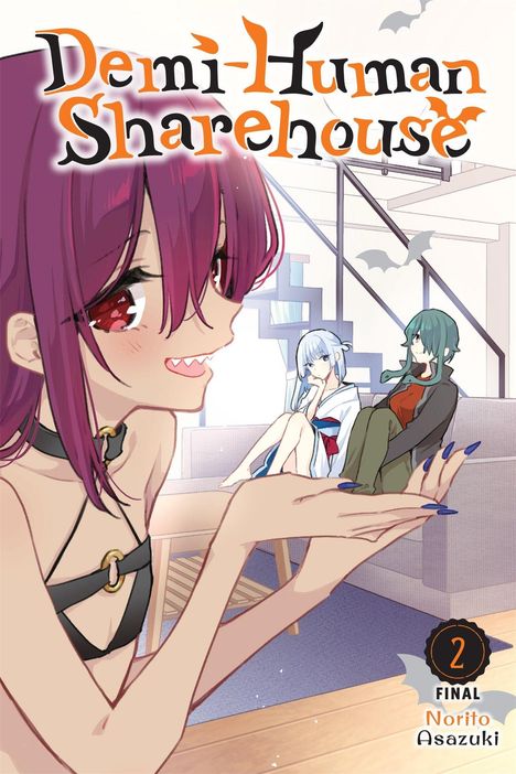 Cover von "Demi-Human Sharehouse 2 Final". Drei stilisierte Figuren, eine mit Reißzähnen, zwei auf einer Couch.