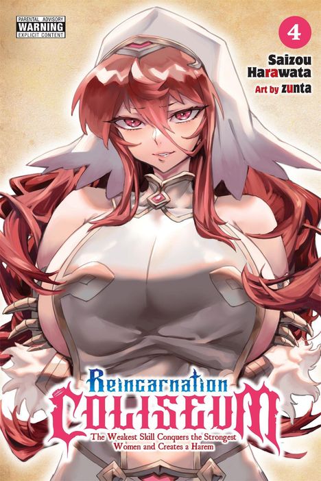 Text: "Reincarnation Coliseum", "4", "Zunta". Eine Frau mit roten Haaren und Rüstung, zeigt viel Haut.