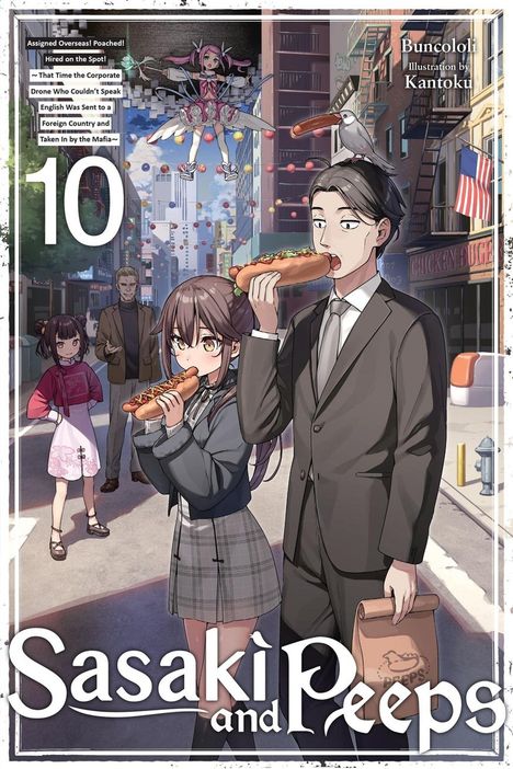 Nummer 10, Titel "Sasaki and Peeps". Ein Mann im Anzug und ein Mädchen essen Hotdogs. Eine Taube sitzt auf dem Kopf des Mannes.