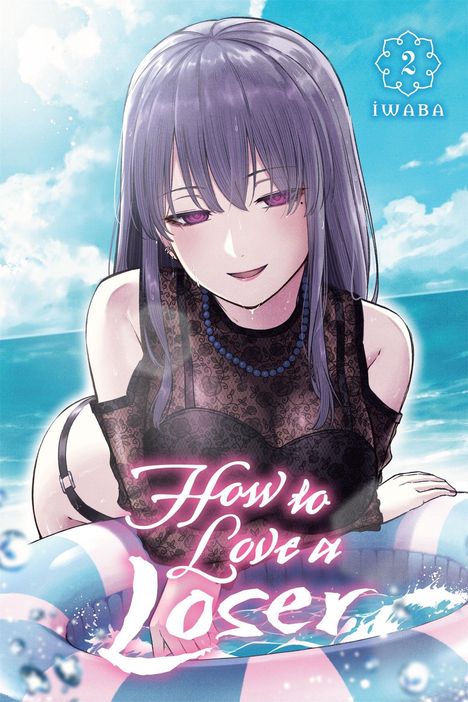 „How to Love a Loser“, Iwaba, Illustration einer lächelnden Frau mit lila Haaren im Wasser, trägt schwarzes Spitzenkleid.