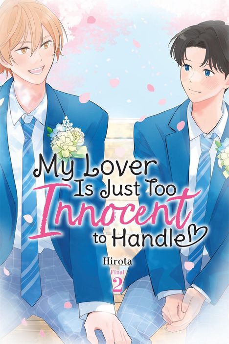 "My Lover Is Just Too Innocent to Handle" steht im Vordergrund. Zwei lächelnde junge Männer in blauen Anzügen, umgeben von Kirschblüten.