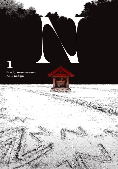 Großes "N", "1", "Story by kurumuakumu", "Art by nc&gm". Eine Illustration mit rotem Schrein auf Feld und dunklem Himmel.
