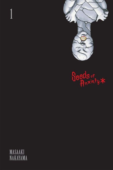"Seeds of Anxiety" in roter Schrift, darüber eine umgedrehte, graue Statue mit lächelndem Gesicht auf schwarzem Hintergrund.