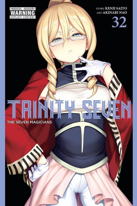 „Parental Advisory Warning: Explicit Content. Trinity Seven, The Seven Magicians.“ Manga-Cover mit blondem Mädchen.
