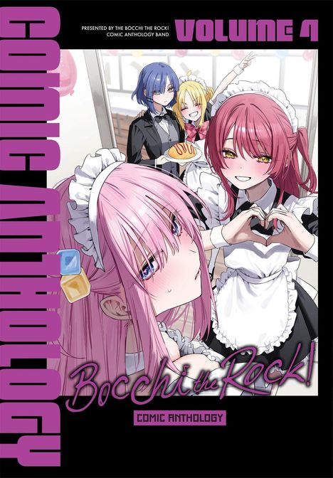 "VOLUME 1", "COMIC ANTHOLOGY", "Bocchi the Rock!" Vier Anime-Mädchen, zwei in Dienstmädchen-Outfits. Eine hält ein Herzsymbol.