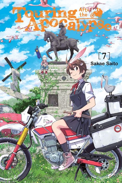"Text: Touring After the Apocalypse, [7], Sakae Saito. Ein Mädchen auf einem Motorrad vor einem Denkmal mit einer Statue.