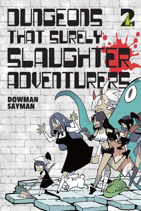 „Dungeons That Surely Slaughter Adventurers“. Illustration von Figuren, die über zerbrochene Fliesen rennen.