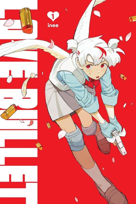 Text: "LOVE BULLET", "1", "inee". Illustration: Junge Figur mit Flügeln, Pistole haltend, blauer Pullover, roter Hintergrund.