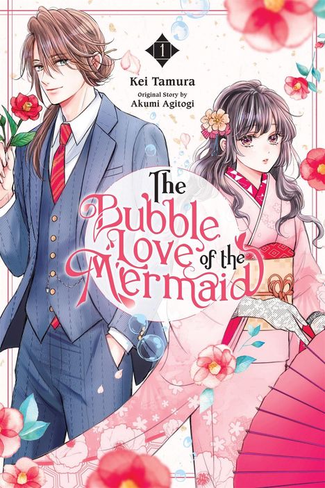 "The Bubble Love of the Mermaid." Illustration mit einem jungen Mann im Anzug und einer Frau im Kimono, umgeben von Blumen.
