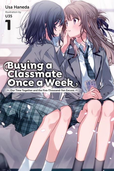 „Buying a Classmate Once a Week“. Zwei Mädchen in Schuluniform sitzen nah beieinander. Eine Illustration.