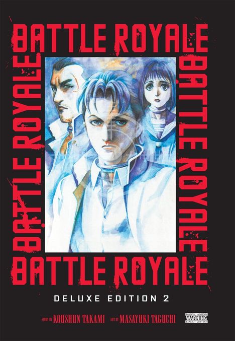 „Battle Royale Deluxe Edition 2“ in roten Buchstaben auf schwarzem Hintergrund. Drei Manga-Charaktere gemalt.