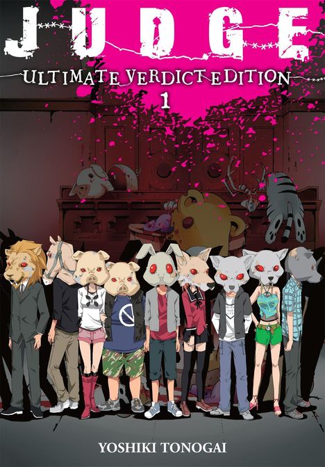 „JUDGE: ULTIMATE VERDICT EDITION 1“ steht oben. Figuren in Tiermasken, bunt gekleidet, mit einem dunklen Hintergrund.