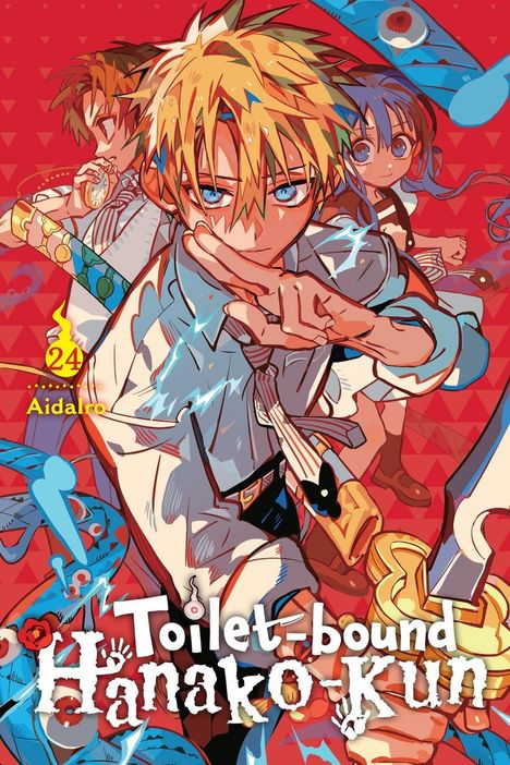 Text: "Toilet-bound Hanako-kun", "24", "AidaIro". 

Illustration: Drei animierte Charaktere auf rotem Hintergrund, dynamische Posen.