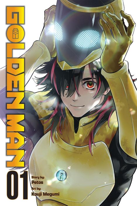 „Golden Man 01“. Illustration: Eine Person mit gelben Schutzanzug hebt Helm, enthüllt rotes Auge, schwarze Haare mit roten Strähnen.