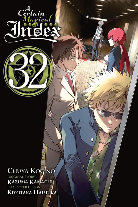 "A Certain Magical Index 32." Vier Personen in einem dunklen Korridor, dramatische Szene mit Schatten und Spannung.