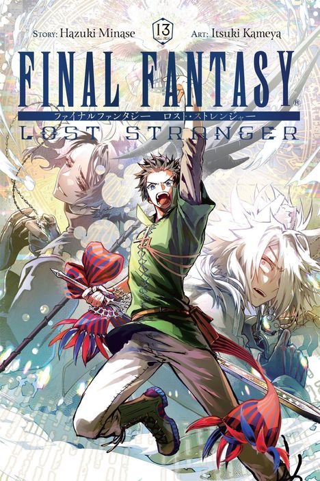 Titel: Final Fantasy - Lost Stranger. Hauptfigur mit grüner Tunika, dynamische Pose, Schwert erhoben, Manga-Stil.