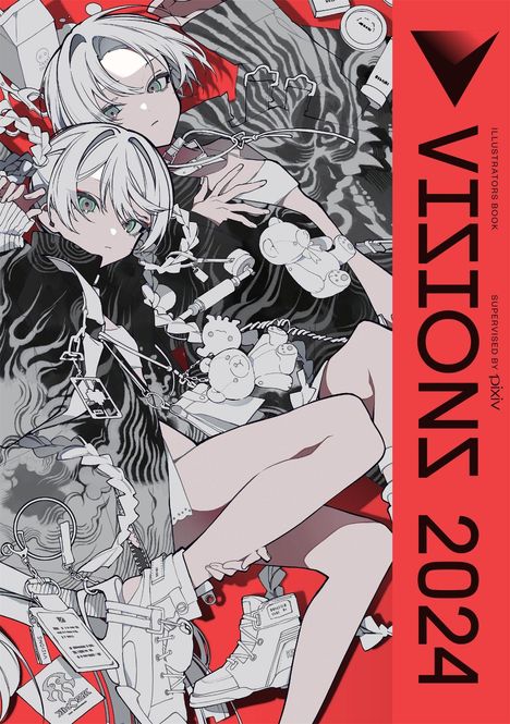 Rechts steht "VISIONS 2024" in rotem Hochformat. Illustration zweier weißhaariger Figuren mit grünen Augen, umgeben von Spielzeugen.