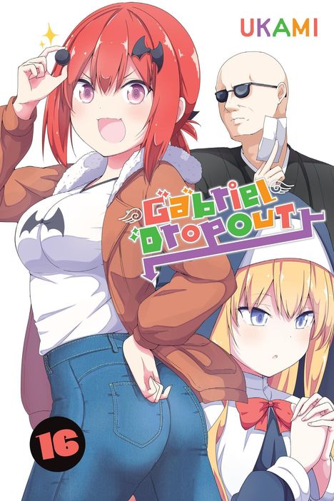„Gabriel Dropout“ in bunten Buchstaben, daneben „UKAMI“. Zwei animierte Figuren, eine mit roten Haaren, eine mit blonden Haaren.