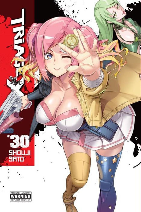 "TRIAGE X #30 SHOUJI SATO," zeigt eine Manga-Zeichnung mit pinkhaariger Frau und Pistole, posierend dynamisch mit wachem Ausdruck.