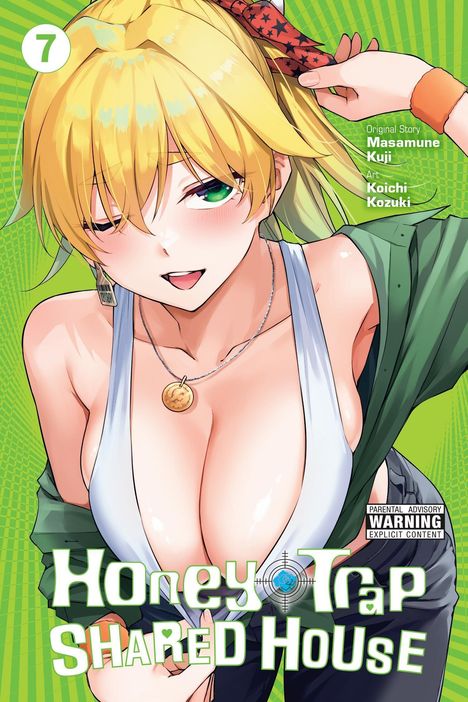 Titel: „Honey Trap Shared House“. Autoren: Masamune Kuji, Koichi Kozuki. Illustration einer jungen Frau mit blondem Haar.