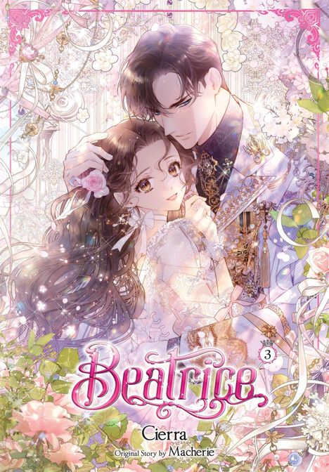Text: "COVER NOT FINAL", "Beatrice". Illustration eines Paars in eleganter Kleidung, umgeben von Blumen und glänzenden Effekten.