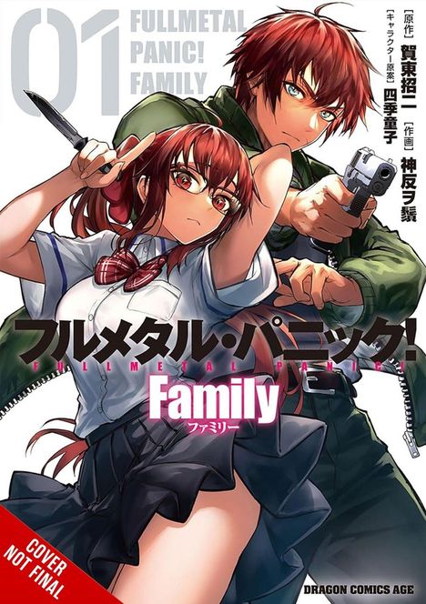 "01 Fullmetal Panic! Family" steht oben. Zwei Anime-Figuren: Junge mit Pistole, Mädchen mit Messer und Peace-Zeichen.