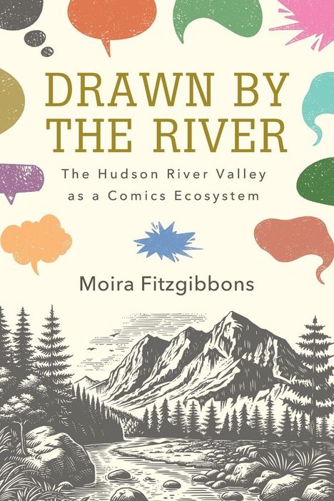 "Drawn by the River" und "The Hudson River Valley as a Comics Ecosystem". Illustration: Landschaft mit Bergen und Fluss.