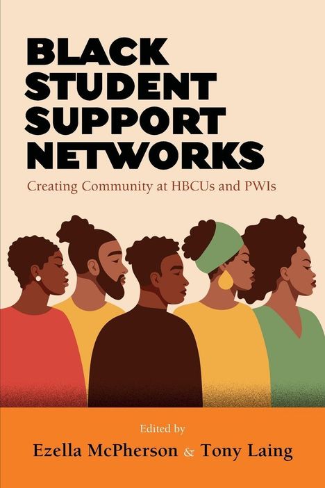 "Black Student Support Networks: Creating Community at HBCUs and PWIs." Illustration von fünf Personen in Profilansicht.