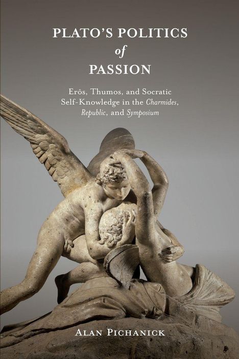 "PLATO'S POLITICS of PASSION" zeigt eine klassische Skulptur eines geflügelten Engels in einer innigen Umarmung.