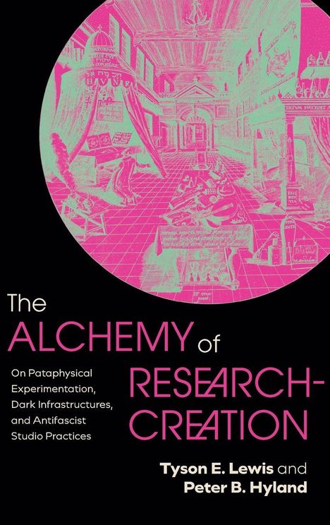 Titel: "The Alchemy of Research-Creation". Illustration in Pink und Grün, Innenraum mit Figuren und Gegenständen.